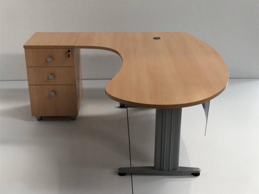 Furni24 Bureau Directiebureau hoektafel PC-tafel Moderne kantoortafel Computerbureau met groot werkblad Gela beuken decor schuin links inclusief zijcontainer met lades