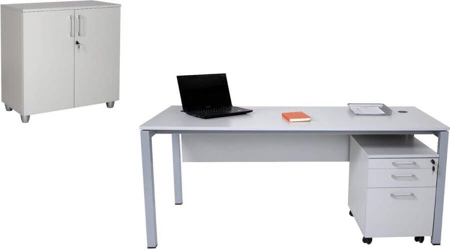 Furni24 Bureaubureauset Tetra 180 cm grijs zilver RAL 9006 bestaande uit: bureau rolcontainer met 3 laden archiefkast grijs zilver met 2 deuren en 1 plank