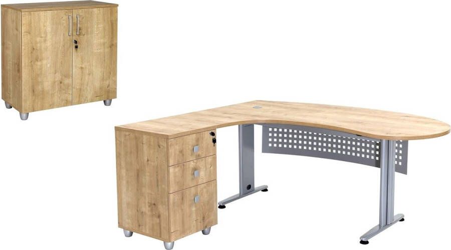 Furni24 Bureauset 1 GELA eiken decor L-vorm hoek is links bestaande uit: freeform bureau inclusief zijbak met 3 laden archiefkast eiken decor met 2 deuren en 1 plank - Foto 2