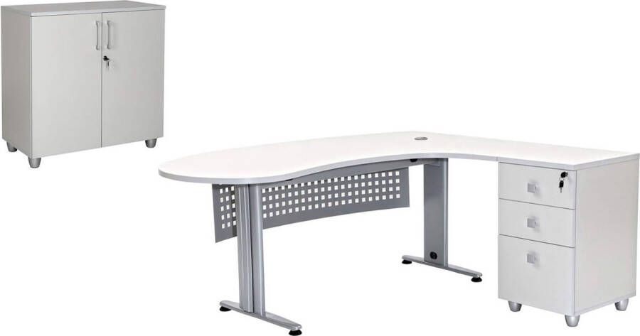 Furni24 Bureauset 2 GELA grijs decor haaks bestaande uit: freeform bureau inclusief zijbak met 3 laden archiefkast grijs decor met 2 deuren en 1 plank - Foto 2