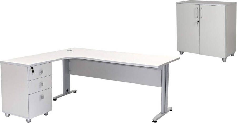 Furni24 Bureauset Dona grijs decor bestaande uit: hoekbureautafel incl. container met 3 laden L-vorm met hoek links archiefkast grijs decor met 2 deuren en 1 plank