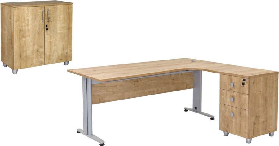 Furni24 Bureauset Dona saffier eiken decor bestaande uit: bureau incl. container met 3 laden hoek is rechts archiefkast saffier eiken decor met 2 deuren en 1 plank