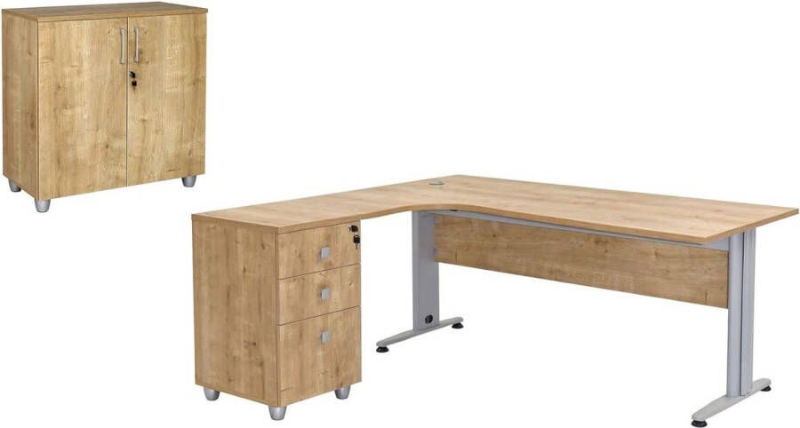 Furni24 Bureauset Dona saffier eiken decor bestaande uit: bureau inclusief container met 3 laden hoek is links archiefkast saffier eiken decor met 2 deuren en 1 plank
