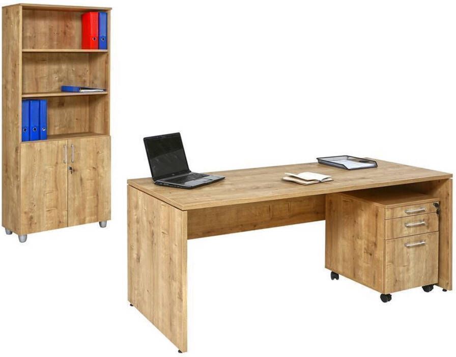 Furni24 Bureauset Nuvi saffier eiken decor bestaande uit: bureau 180 cm rolcontainer 3 laden & archiefkast open aan de bovenzijde en deuren aan de onderzijde 190 cm hoog