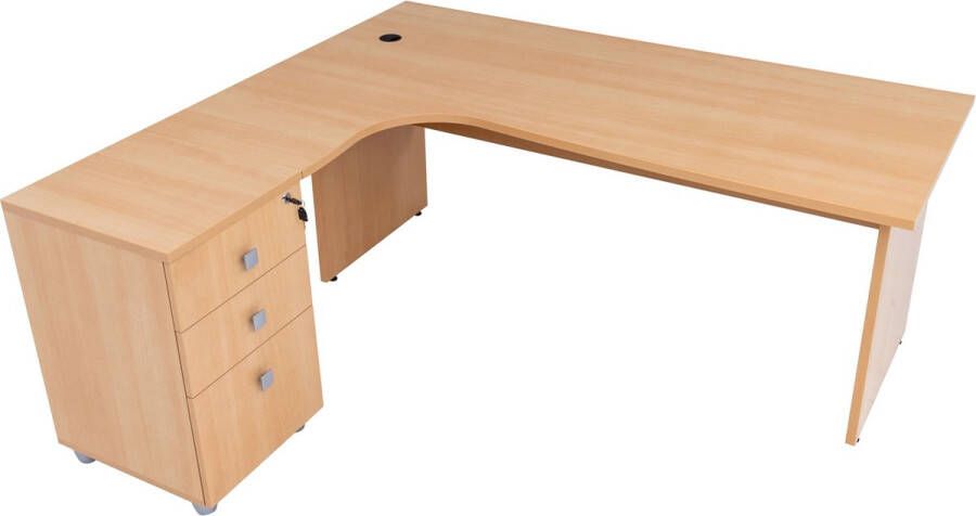 Furni24 Dona schuin bureau houten onderstel beukendecor 180 cm x 120 cm x 74 cm inclusief zijbak schuin naar links