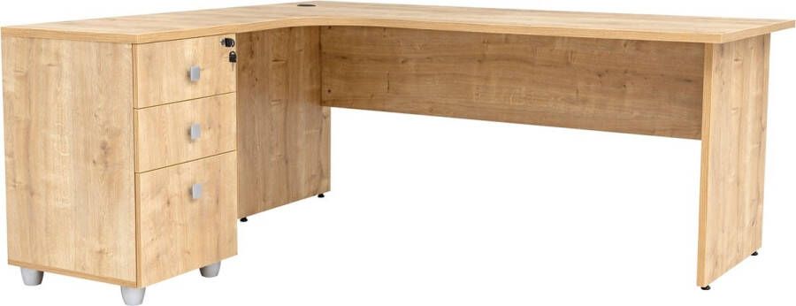 Furni24 Dona schuin bureau houten onderstel decor saffier eiken 180x120x74 cm inclusief zijbak schuin naar links