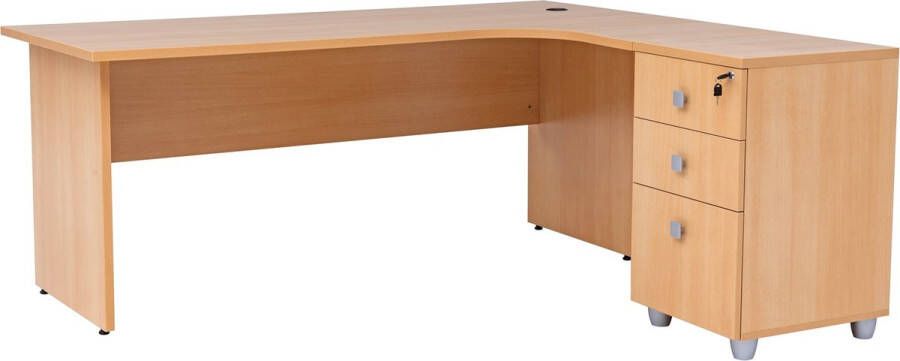Furni24 Dona hoekbureau homeoffice bureau met houten onderstel beukendecor 180 cm x 120 cm x 74 cm inclusief ladekast hoek naar rechts