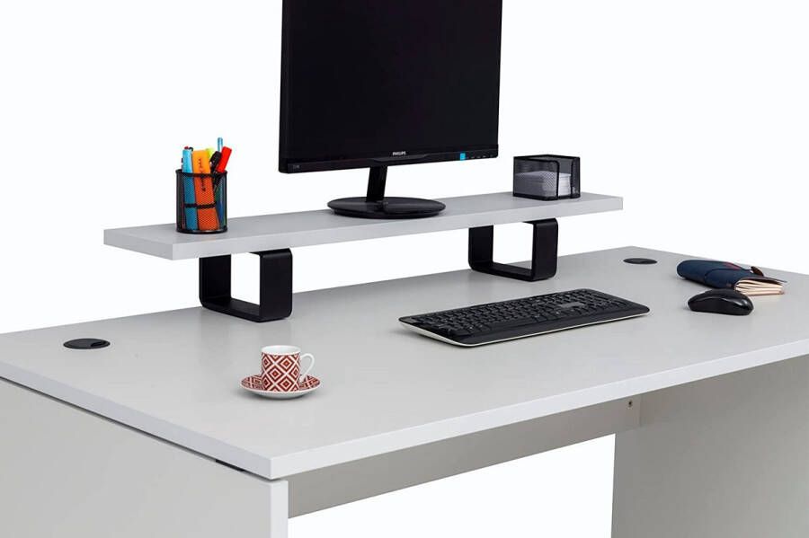 Furni24 Nuvi bureau 160 cm x 80 cm x 75 cm grijs decor inclusief monitorstandaard