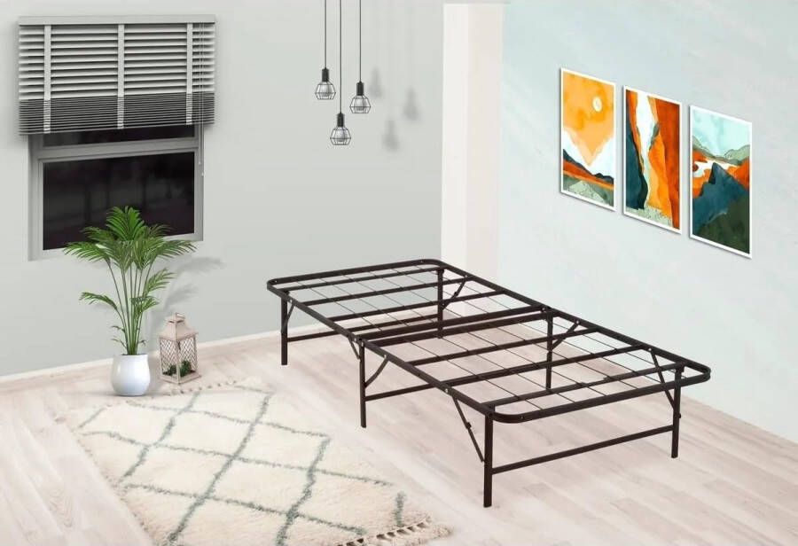 Furni24 Opklapbaar platformbedframe logeerbed makkelijke montage opbergruimte onder bed stevig metaal metalen bedframe opklapbed 90x200cm vouwbed zwart