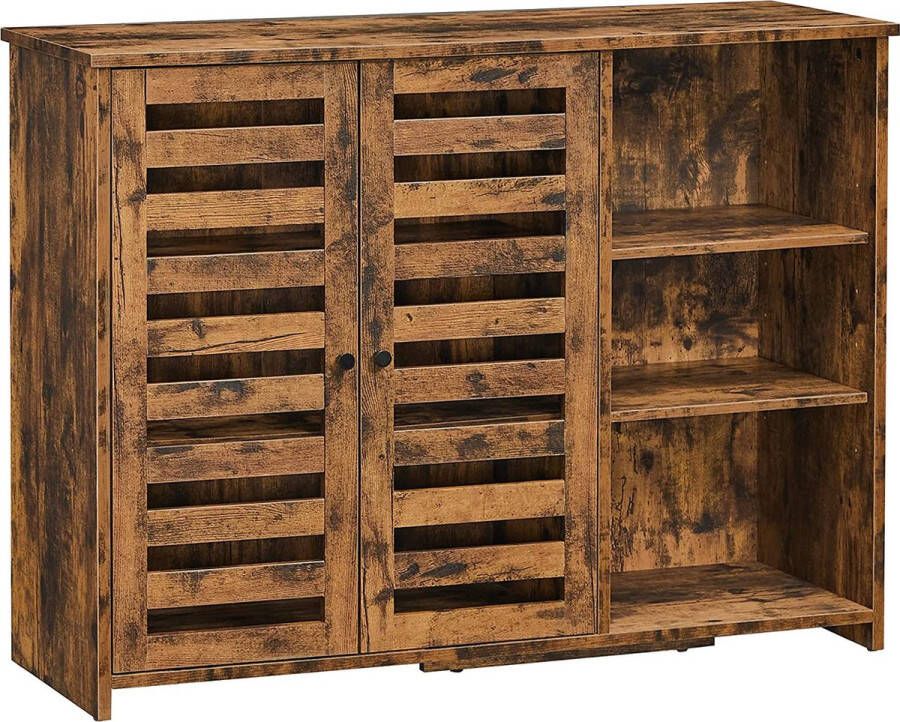 FURNIBELLA buffetkast keukenkast met 2 lamellendeuren verstelbare plank vrijstaand 3 open vakken voor eetkamer 100 x 35 x 75 cm vintage bruin LBF004X01