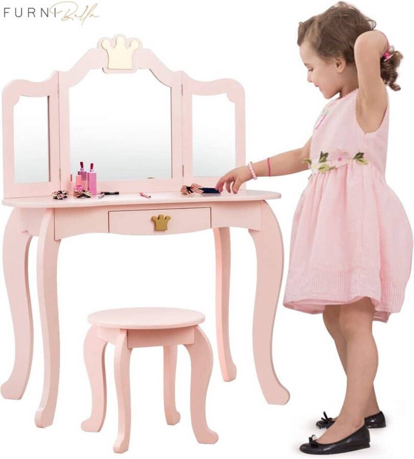 FURNIBELLA Kinderen ijdelheid tafel en stoel Set Princess make-up kaptafel met lade & Drievoudige vouwbare spiegel 2 in 1 ijdelheid set met afneembare top Doe alsof je schoonheid spelen ijdelheid set voor meisjes (Roze)