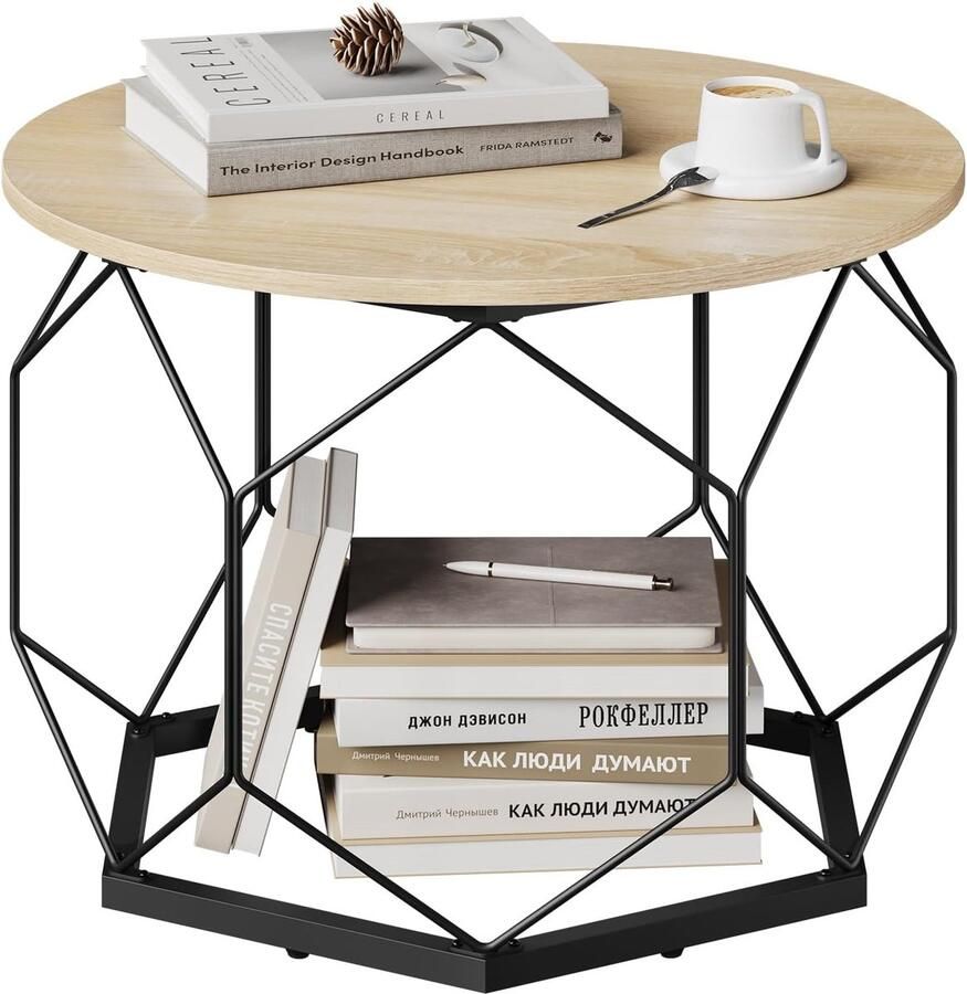 FURNIBELLA -Ronde Salontafel met Opbergruimte – Bijzettafel van Metaal en MDF Zwart + Licht Eiken