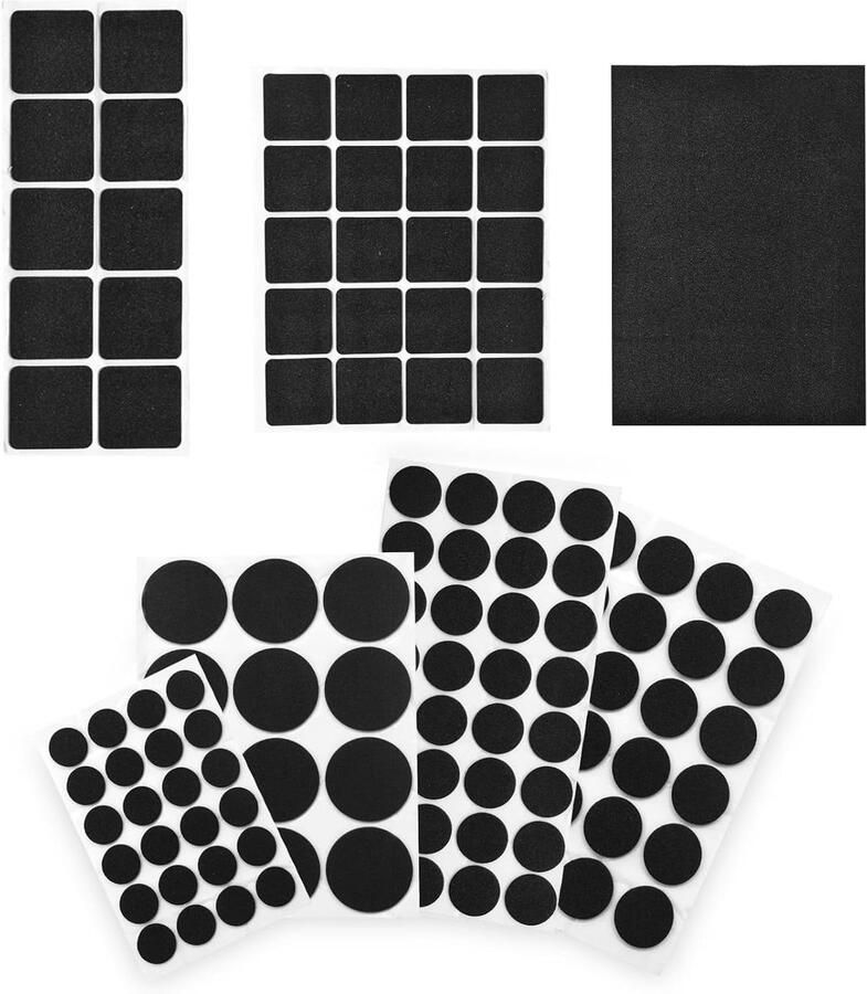 Furniture Glides Pack of 123 Black Self-Adhesive Chair Cushions with 7 Sizes 3 mm Thick Felt Glides for Furniture (Round Square Large Rectangular)