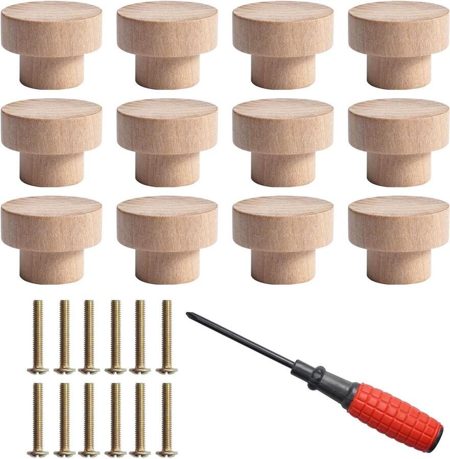 Allecto Plus Houten meubelknoppen 12 stuks Kastknoppen Ladeknoppen Inclusief schroeven Voor kasten en laden Houten knoppen voor dressoir