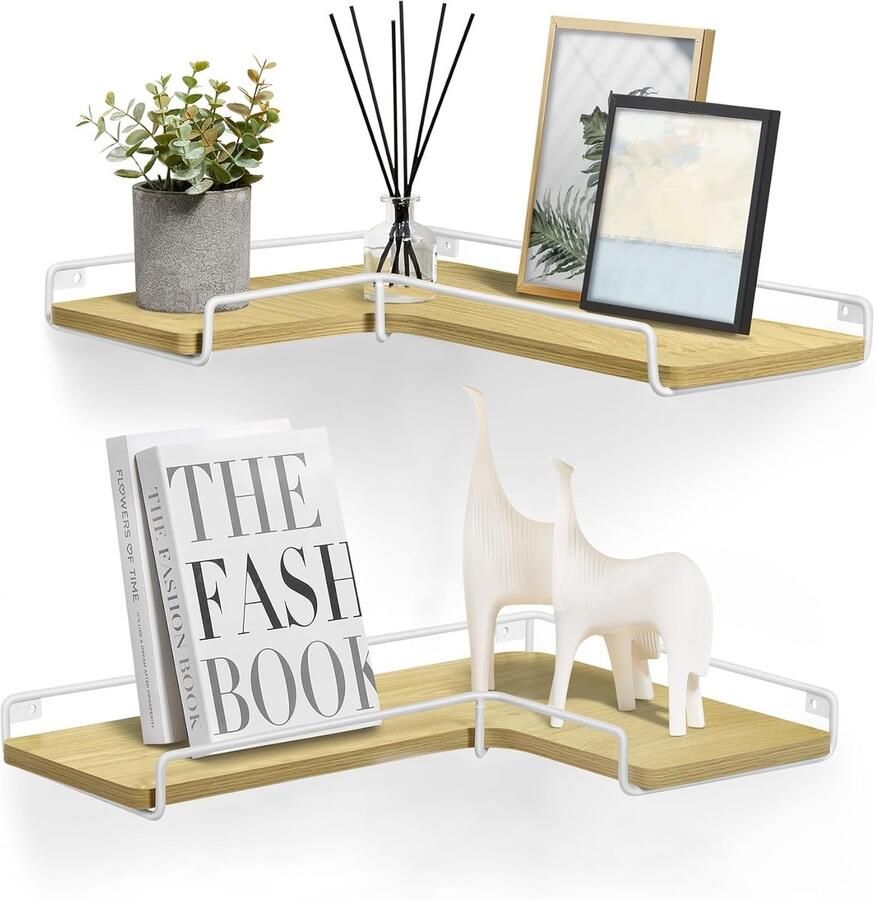 Furnstar L-vormig hoekrek Set van 2 Wandrek Industrieel design Voor woonkamer slaapkamer keuken Natuurlijk eiken Wolkenwit LLS831Y70