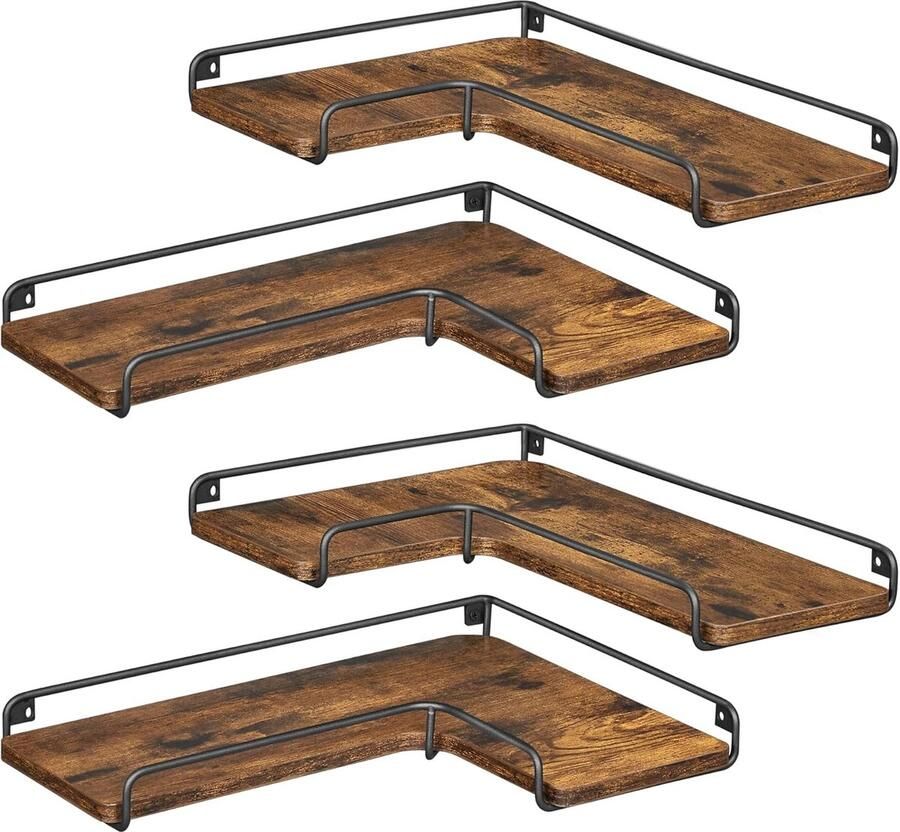 Furnstar L-vormig Hoekrek Set van 4 Wandrek Industrieel Design voor Woonkamer Slaapkamer Keuken Vintage Bruin-Zwart LLS832B01