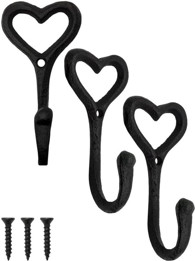 FUXXER Rustieke ijzeren haken gietijzeren hartontwerp kapstokhaken set van 3 zwart
