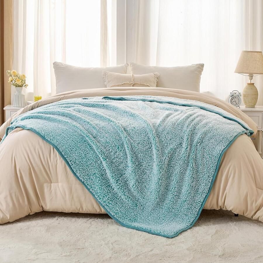 Fuzzy Fleece Sherpadeken Ultra Zacht Geschikt voor Bank 1 Stuk Groenblauw Microvezel 127 x 152 cm