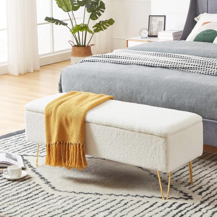 Fuzzy Sherpa Opbergbank 110 cm voor Woonkamer of Einde van het Bed met Gouden Poten