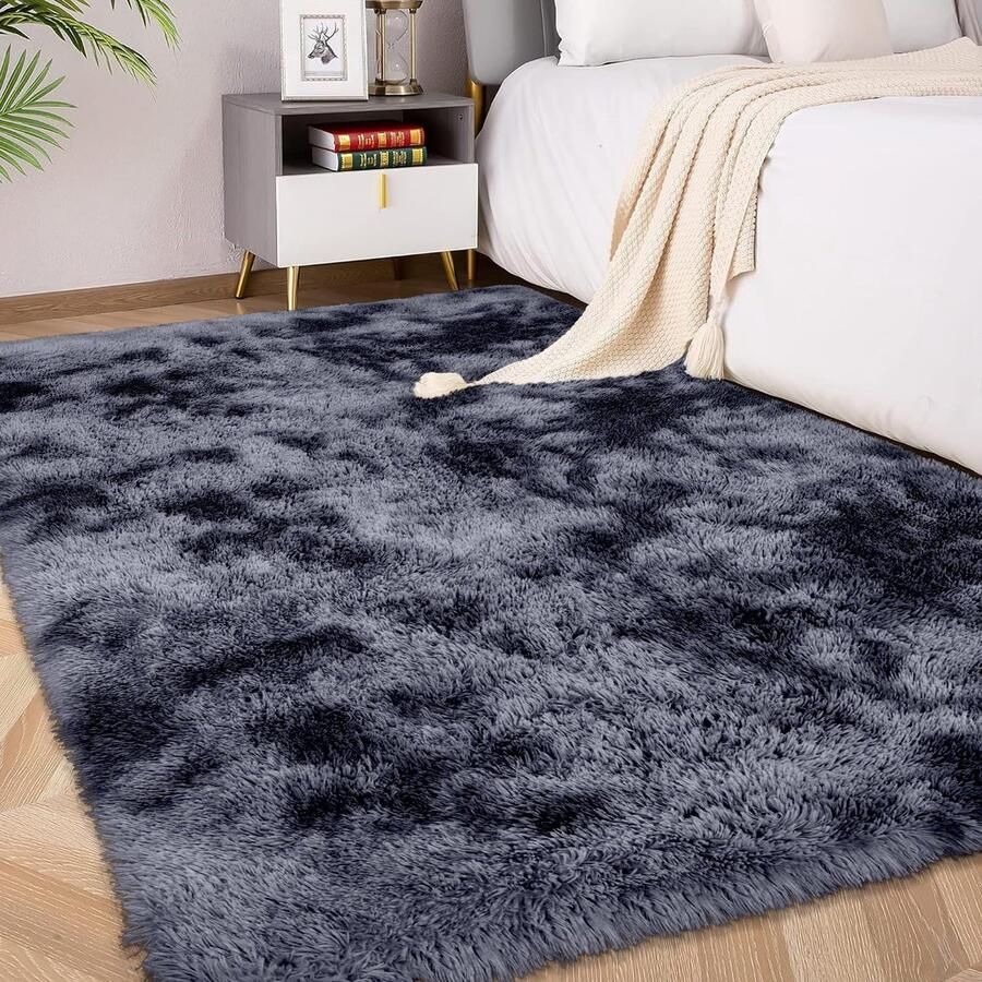 FVVRAX Vloerkleden voor Slaapkamer Woonkamer Tie-Dyed Donkergrijs Fluffy Fuzzy Shag Shaggy Zacht Pluche Tapijt 90x150 cm Binnen Vloerkleed voor Kinderen Woondecoratie Esthetiek