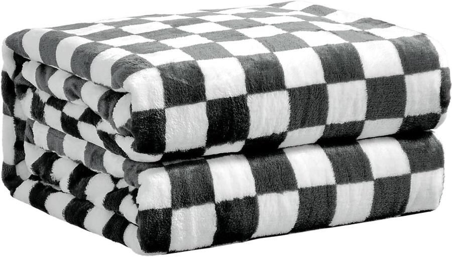 FY FIBER HOUSE Plaid Flanel Fleece Deken Zacht en Gezellig Geruit Raster Print Checkerboard Gingham Patroon Deken voor Bed Bank Sofa 50x60 (127 x 152 cm) Zwart