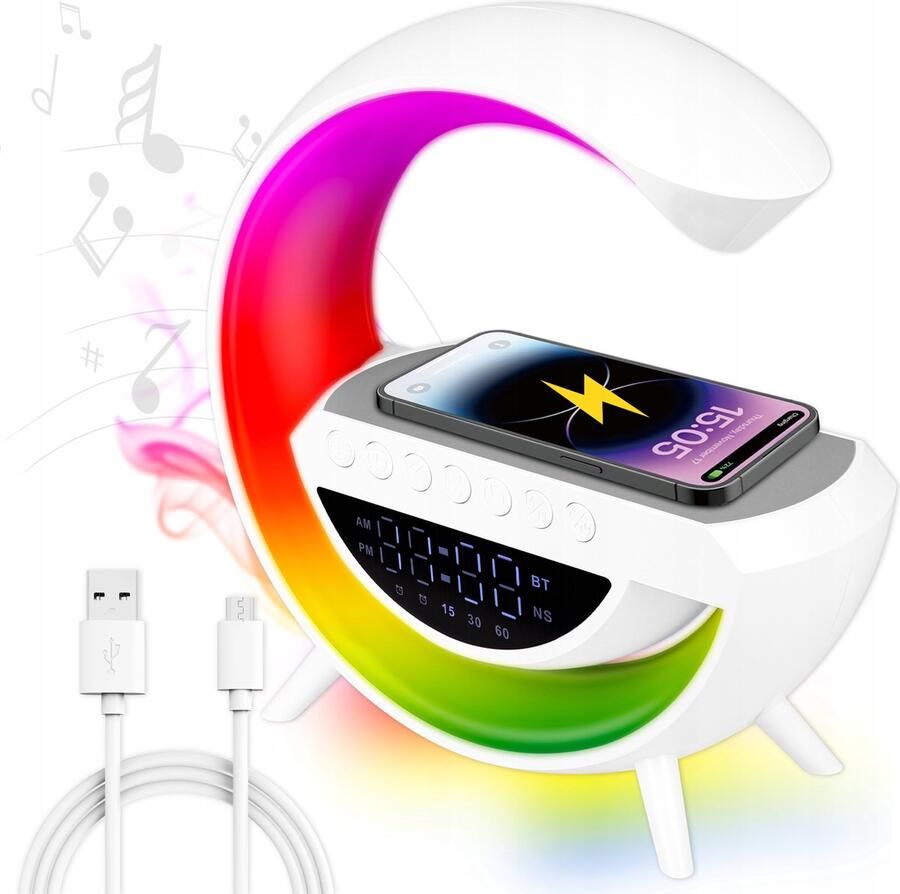 G Led Tafellamp Nachtlamp RGB gaming-bureaulamp SPEAKER RADIO INDUCTIELADER KLOK Wit 235mm
