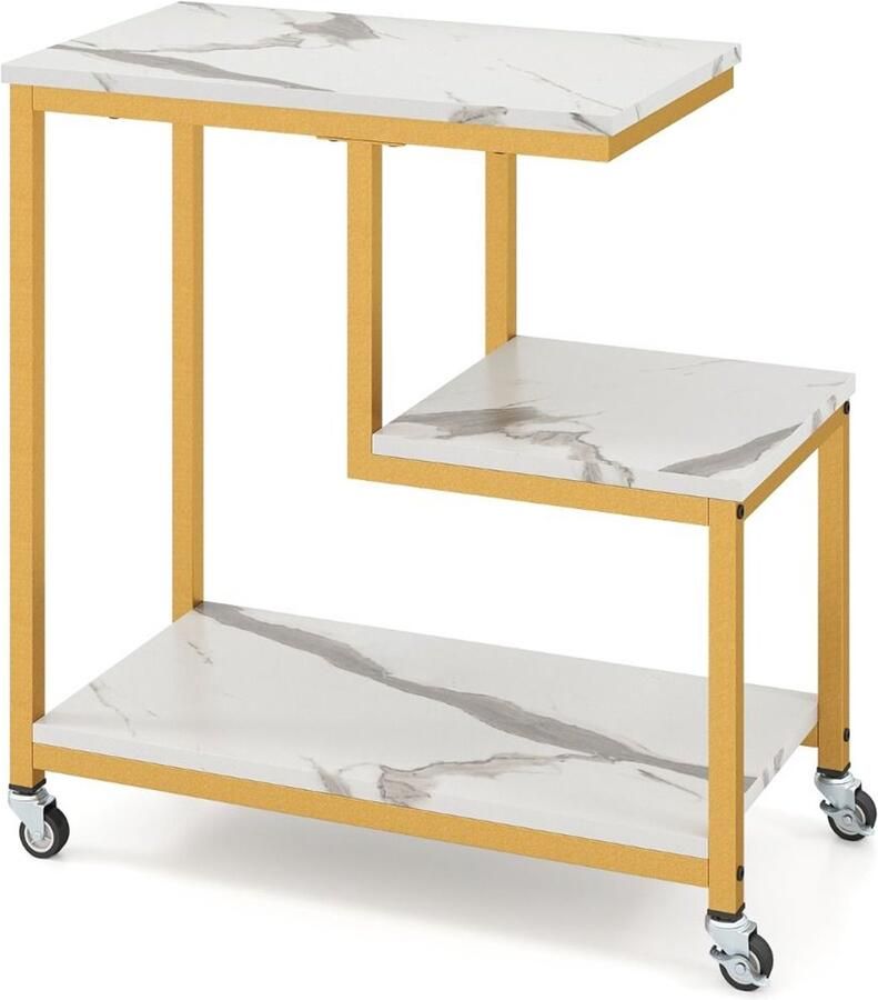 G-vormige bijzettafel – 3-laags mobiel design met open planken en vergrendelbare wielen – Wit