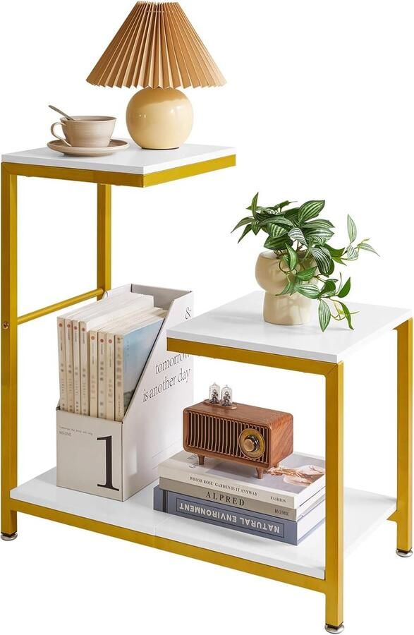 G-vormige Bijzettafel Salontafel Hoektafel voor op de Bank voor Woonkamer Bank Slaapkamer Balkon met Bloemenstandaard Wit