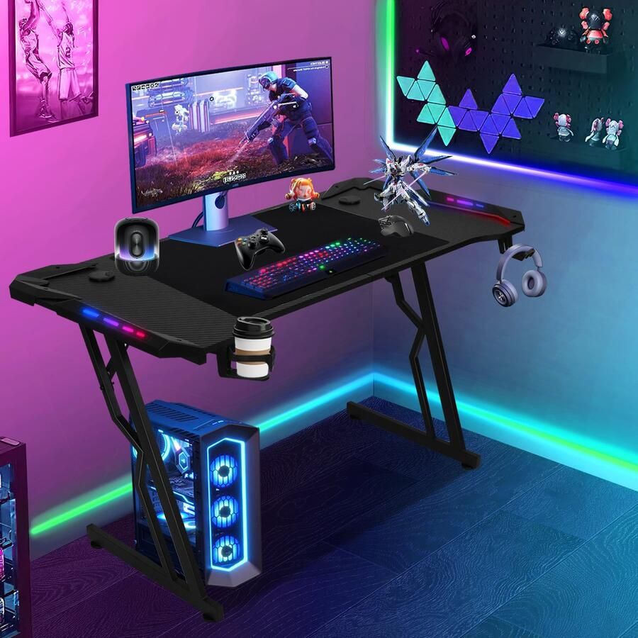 Game Bureau 120x60x75cm Gaming Bureau met LED Verlichting Gaming desk RGB Zwart Computertafel met Koptelefoonhouder bekerhouder & kabeltunnel Incl. Gaming Muismat ( 72x56cm ) Z-Vormig Gaming Tafel met afstandsbediening