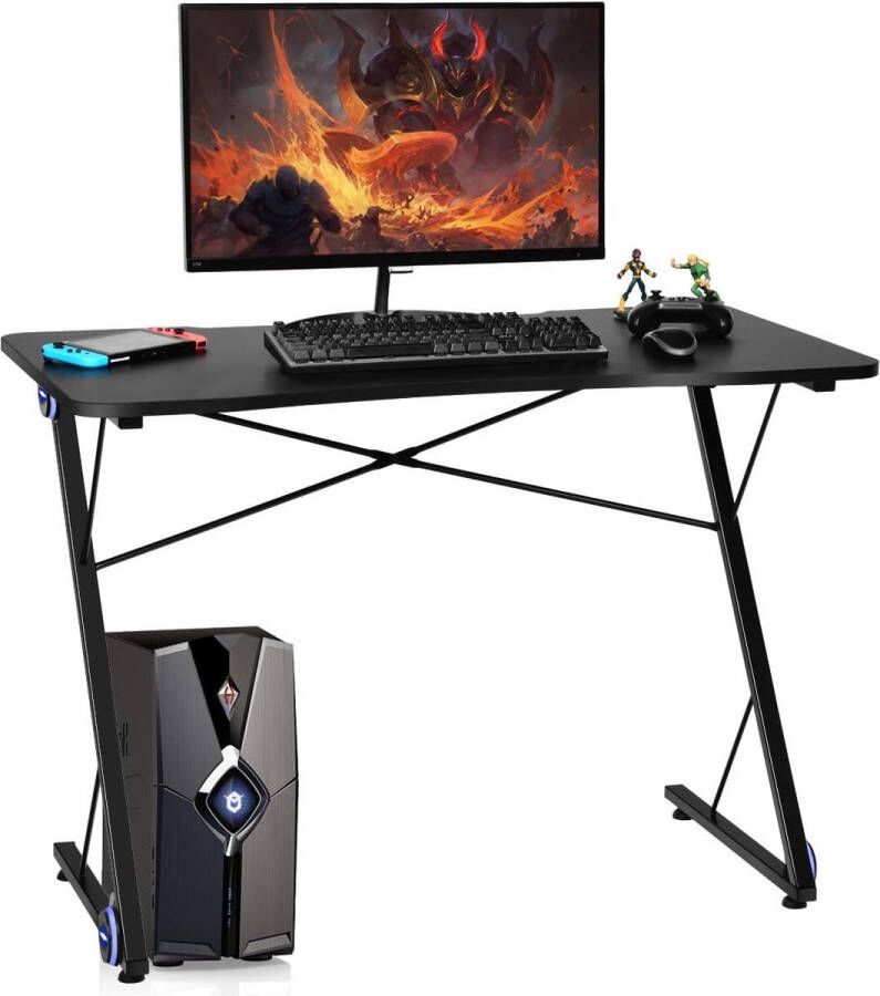 Game bureau gaming tafel Z-vormig professioneel gamer werkstation met LED-verlichting & groot koolstofvezel oppervlak ergonomische PC-gametafel computerbureau voor thuiskantoor 110 x 60 x 78cm