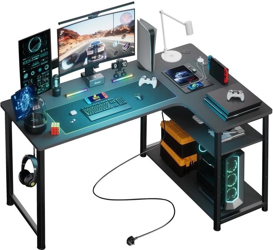 Game Bureau Hoekbureau Game Bureau 120cm L-vormige Computertafel met USB Oplaadpoort & Stopcontact Gaming Bureau met Opbergrek Zwart