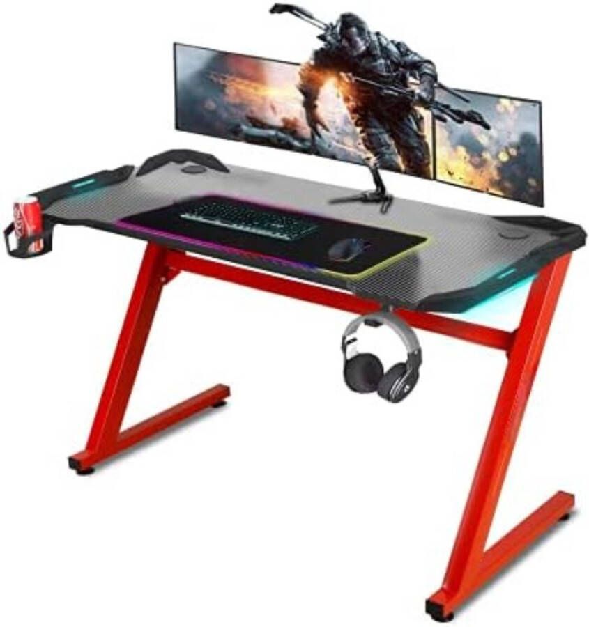 Game Bureau met Led Gaming Bureau Gaming Desk ‎60 x 140 x 73 cm Rood