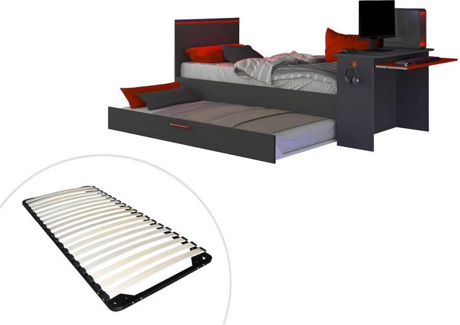 Trasman Vente-unique Uitschuifbed 2 x 90 x 200 cm Met bureau Ledverlichting Antraciet en rood VOUANI L 242.8 cm x H 100.5 cm x D 98.7 cm - Foto 4