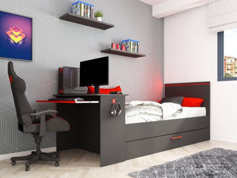 Trasman Vente-unique Gamer bed 2 x 90 x 200 Met bureau LED's Antraciet en rood + Bedbodem VOUANI L 242.8 cm x H 100.5 cm x D 98.7 cm - Foto 1