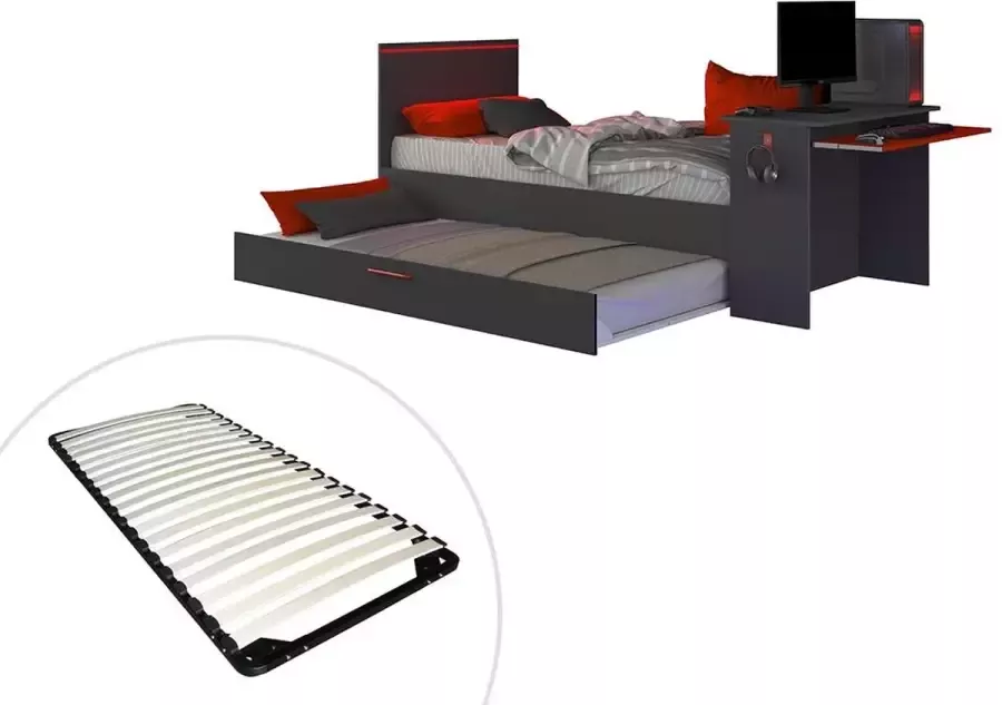 Trasman Vente-unique Gamer bed 2 x 90 x 200 Met bureau LED's Antraciet en rood + Bedbodem VOUANI L 242.8 cm x H 100.5 cm x D 98.7 cm - Foto 2