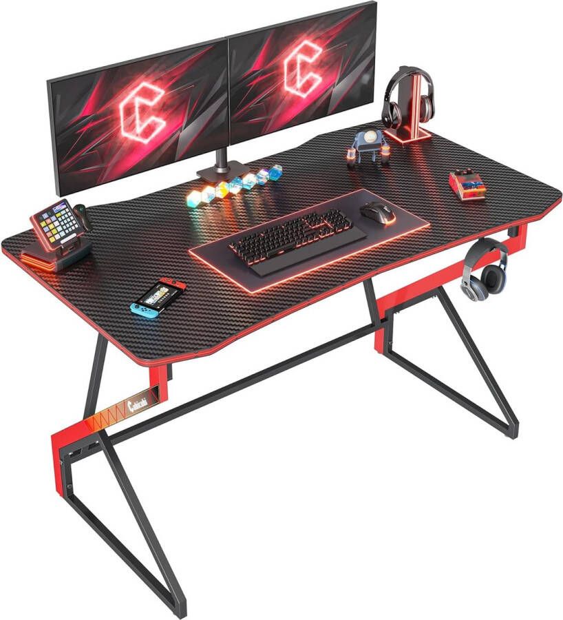 Gaming Bureau 100 x 60 cm Esport Ergonomisch Computerbureau met Koolstofvezel Oppervlak Stevig Z Frame Koptelefoonhaak voor Gaming Thuis Slaapkamer Zwart