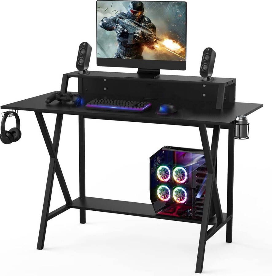 Gaming bureau 122 x 60 cm grote gamingtafel met monitorstandaard en bekerhouder en hoofdtelefoonhaak en rek ergonomische computertafel X-vormige pc-tafel voor thuiskantoor zwart