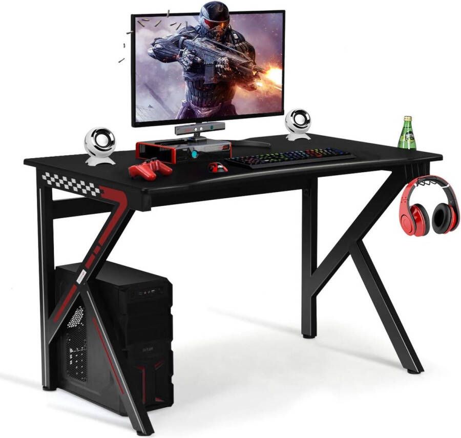 Gaming-bureau computerbureau met bekerhouder en hoofdtelefoonhaak ergonomisch gamingbureau K-vormige constructie bureau pc-tafel voor thuis en op kantoor