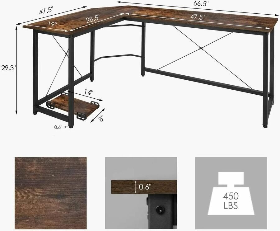L-vormige Bureau 170cm Gaming Werkstation Tafel Metalen Frame 170x120 x75cm Bevestigingshaak Stabiele Constructie Mahonie