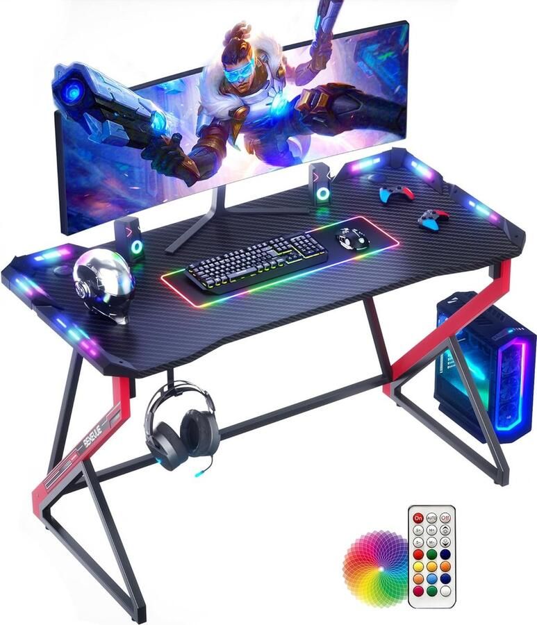 Gaming Bureau LED Pantser 100x60cm Ergonomisch Computerbureau Esport Gamer-tafel Koolstofvezel Z Frame Stabiel Hoofdtelefoonhaak Eenvoudig te Monteren Spelen Studeren Werken Thuis Kantoor