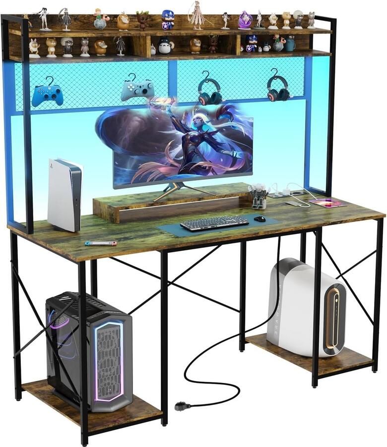 Gaming Bureau met LED-verlichting en Opbergplanken Ergonomisch Computerbureau voor Gamers