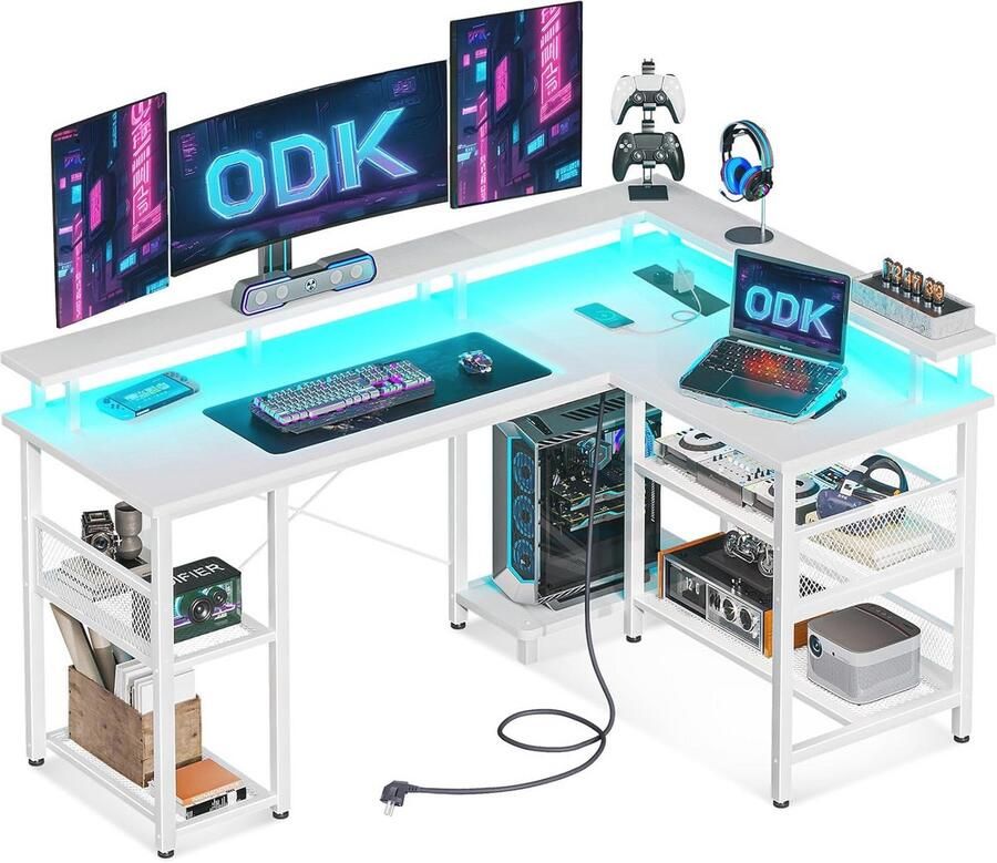 Hoekbureau Gaming-bureau LED-speeltafel Omkeerbaar Grote Opbergruimte Wit 150x102 cm met Stopcontacten USB-oplaadpoorten Hoekbureau