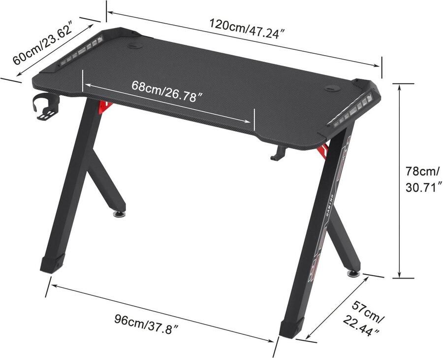 Corenia Gaming Bureau Gaming Tafel Gaming Desk Computer Tafel Computer Bureau 120x60x78cm met RGB LED Verlichting Metaal & Carbon MDF Zwart