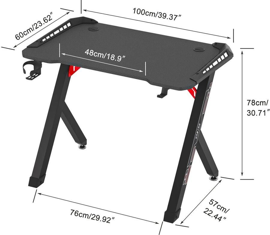 Corenia Gaming Bureau Gaming Tafel Gaming Desk Computer Tafel Computer Bureau 100x60x78cm met RGB LED Verlichting Metaal & Carbon MDF Zwart