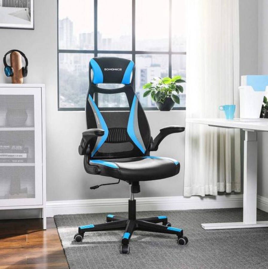 Gaming chair bureaustoel met voetsteun bureaustoel met hoofdsteun en lendenkussen in hoogte verstelbaar ergonomisch 90-135° kantelhoek tot 150 kg draagvermogen zwart-wit OBG73BW