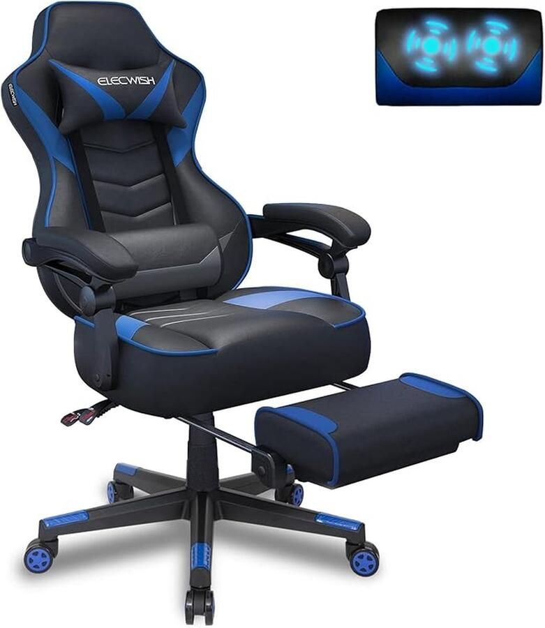 Gaming Stoel Bureaustoel met Voetsteun Ergonomische Racingstoel met Massagefunctie Draaibaar en Hoogte Verstelbaar Rugleuning Verstelbaar van 90° tot 150° Afneembare Hoofdsteun en Lendenkussen (Zwart blauw)