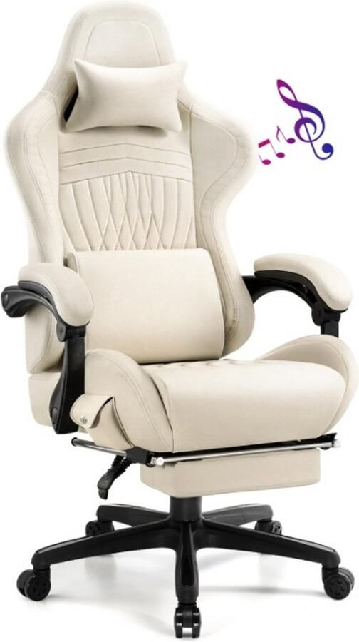 Gaming Stoel Bureaustoel Swivel Stoel met Voetsteun Hoofdsteun Luidspreker Verstelbare Rugleuning Lendenkussen Ergonomische Draaibare Leer 55 x 59 x 130 cm Ivoor
