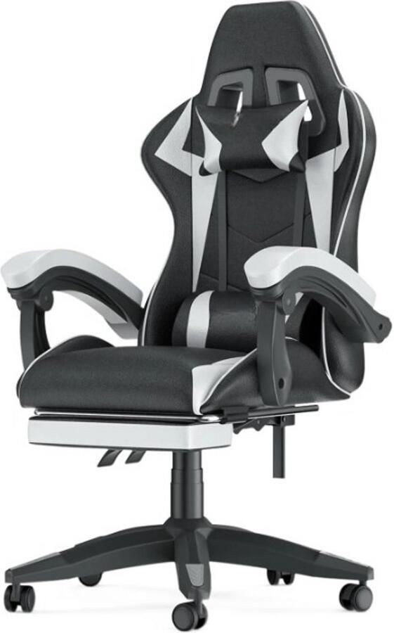 Corenia Gaming Stoel Bureaustoel Swivel Stoel met Voetsteun Hoofdsteun Lendenkussen Verstelbare Rugleuning Ergonomische Draaibare 68 x 50 x 122-144 cm Wit