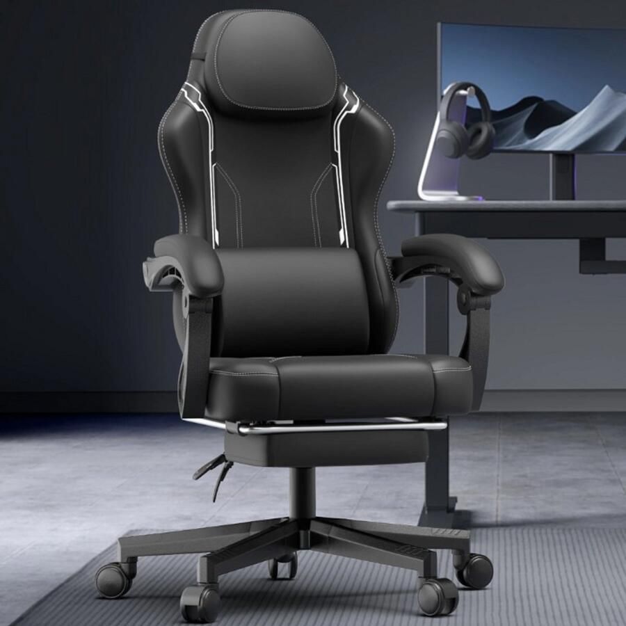 Gaming Stoel Bureaustoel Swivel Stoel met Voetsteun Hoofdsteun Verstelbare Rugleuning Lendensteun Ergonomische Draaibare Zwart