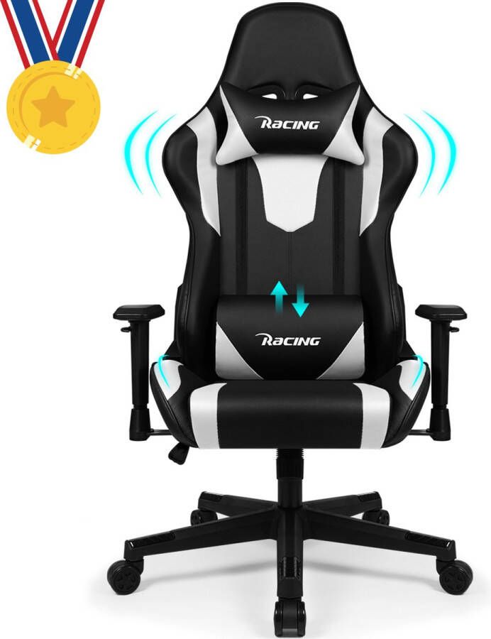 Homimaster Gaming Stoel-Bureaustoel-Ergonomische Gaming Chair mit 90°-165° Rugleuning-Racing Style-Max Gewicht 150 kg-Wit-Zwart